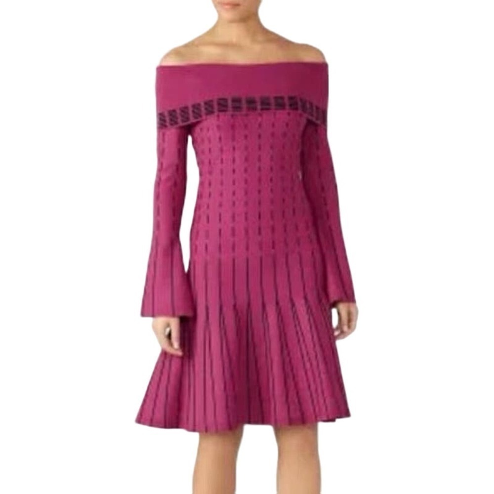 Prabal Gurung Collective Stripe Off The Shoulder Dress Knit Raspberry - Sz 4